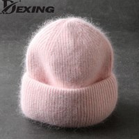 Rabbit Fur czapki miękki ciepły, puszysty czapka zimowa dla kobiet Angora czapka z dzianiny Skullies czapki kobieta Bonnet kobieta czapka robiona na drutach 1